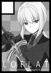  artoria_pendragon_(all) bad_id bad_pixiv_id black_border black_gloves border caliburn circle_cut fate/zero fate_(series) formal gloves greyscale monochrome necktie ponytail prime saber solo suit 