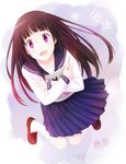  arya_(tianhua) black_hair blush book chitanda_eru hug hyouka jumping long_hair looking_at_viewer looking_up md5_mismatch open_mouth purple_eyes school_uniform serafuku skirt smile solo 