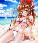  1girl arm_support at_classics beach bikini blush bow breasts brown_eyes brown_hair cameltoe commentary_request front-tie_top gohei hair_bow hair_tubes hakurei_reimu large_breasts lens_flare long_hair navel photoshop_(medium) red_bow sample_watermark side-tie_bikini_bottom skindentation smile solo strap_gap swimsuit touhou traditional_media underboob watermark white_bikini 