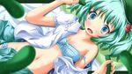  :o blue_bra blue_eyes blurry blush bra bush cucumber depth_of_field from_above green_hair groin hair_bobbles hair_ornament hat highres holding kawashiro_nitori looking_at_viewer lying navel neats on_back open_clothes open_mouth open_shirt open_skirt polka_dot polka_dot_bra sexually_suggestive shirt short_hair skirt solo strap_slip touhou two_side_up underwear 