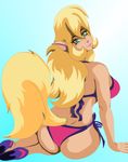  absurdly_absurd_res anthro big_breasts bikini blonde_hair bra breasts butt callie_briggs cat clothed clothing feline female green_eyes hair hi_res long_hair looking_at_viewer looking_back mammal panties side_boob skimpy smile swat_kats swimsuit thesupremegazoo69 tight_clothing underwear 