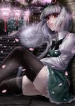  1girl against_tree ass black_hairband black_thighhighs bow commentary_request grey_hair hairband konpaku_youmu konpaku_youmu_(ghost) lips long_sleeves petals photoshop_(medium) red_eyes scabbard sheath short_hair sitting skindentation skirt solo stairs thighhighs touhou tree wind yana_(nekoarashi) 