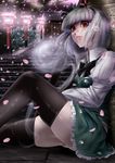  against_tree ass black_hairband black_legwear bow hairband konpaku_youmu konpaku_youmu_(ghost) lips long_sleeves petals red_eyes scabbard sheath short_hair silver_hair sitting skindentation skirt solo stairs thighhighs touhou tree wind yana_(nekoarashi) 