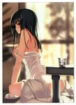  absurdres bare_shoulders black_eyes black_hair breasts dress highres long_hair looking_at_viewer medium_breasts original parted_lips refeia scan see-through_silhouette sideboob sitting solo strap_slip undressing wet white_dress 