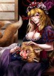  animal_ears blonde_hair blue_eyes blush breasts cleavage fox_ears fox_tail gap hat hat_ribbon lap_pillow large_breasts lips lying multiple_girls multiple_tails petting ribbon sitting tail touhou yakumo_ran yakumo_yukari yana_(nekoarashi) yellow_eyes 