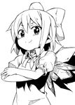  bow cirno crossed_arms dress greyscale hair_bow kannazuki_hato looking_at_viewer looking_down monochrome pointy_ears short_hair simple_background smile solo sparkle touhou wings 