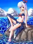  1girl :d anklet arm_support bad_id bad_pixiv_id barefoot beach bikini blue_hair blue_sarong breasts cleavage cloud collarbone day front-tie_top hat jewelry kamishirasawa_keine long_hair medium_breasts multicolored_hair navel open_mouth outdoors red_eyes rock sarong sitting sky smile soaking_feet solo swimsuit touhou two-tone_hair water white_hair 