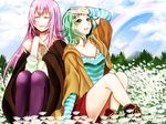  casual closed_eyes day field flower flower_field green_eyes green_hair gumi hand_on_forehead long_hair megurine_luka multiple_girls open_mouth pantyhose parted_lips pink_hair rainbow short_hair sitting sky smile vocaloid yuri_chikao 
