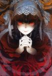  black_hair celestia_ludenberck danganronpa danganronpa_1 earrings hands_clasped headdress highres jewelry lips looking_at_viewer nail_polish own_hands_together red_eyes smile solo tmg 
