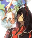  1boy 1girl ahoge armor black_hair breasts dress gaias gaius_(tales) green_eyes hair_ornament long_hair multicolored_hair muse_(tales_of_xillia) muzet_(tales) open_mouth pointy_ears red_eyes short_hair tales_of_(series) tales_of_xillia very_long_hair 