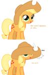  applejack_(mlp) blonde_hair comic cub cutie_mark dialog equine female feral freckles friendship_is_magic fruit green_eyes hair hat horse mammal misterbrony my_little_pony open_mouth orange_body plain_background pony ponytail smile text young 
