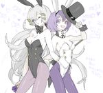  animal_costume animal_ears bare_shoulders bow bowtie breasts bunny_ears bunny_tail bunnysuit cleavage detached_collar hair_ornament hairclip hat heterochromia medium_breasts multiple_girls nishihara_isao one_eye_closed original pantyhose purple_eyes purple_hair rod silver_hair tail top_hat wrist_cuffs yellow_eyes 