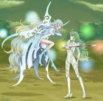  2girls ahoge boots breasts cleavage dress green_eyes highres long_hair milla_maxwell multicolored_hair multiple_girls muse_(tales_of_xillia) muzet_(tales) pointy_ears red_eyes sword tales_of_(series) tales_of_xillia very_long_hair weapon wings 
