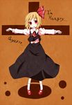  ascot bad_id bad_pixiv_id cross english hair_ribbon highres kuromari_(runia) long_sleeves open_mouth outstretched_arms puffy_sleeves red_eyes ribbon rumia short_hair solo touhou 