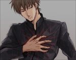  bad_id bad_pixiv_id banned_artist blood brown_eyes brown_hair fate/zero fate_(series) grey_background hand_on_own_chest kotomine_kirei male_focus simple_background solo splltanz 