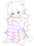  ahoge animal_ear_fluff animal_ears blush cat_ears cat_tail hands_on_own_knees long_hair long_sleeves looking_at_viewer mofuaki naked_sweater original purple_eyes shiro_(mofuaki) silver_hair sitting solo striped striped_legwear sweater tail thighhighs 