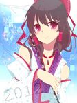  2012 alternate_costume bow brown_hair detached_sleeves hair_bow hair_tubes hakurei_reimu highres japanese_clothes jewelry kanasaki necklace red_eyes short_hair smile solo touhou wide_sleeves 