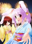  alternate_costume animal_ears brown_hair bunny_ears fireworks inaba_tewi japanese_clothes long_hair long_sleeves multiple_girls obi open_mouth photo_background pink_hair ponytail red_eyes reisen_udongein_inaba sash sesield short_hair touhou wide_sleeves 