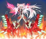  1girl alternate_costume bad_id bad_pixiv_id bow fiery_wings fire fujiwara_no_mokou hair_bow ku-ba long_hair mecha_musume navel open_mouth red_eyes solo touhou very_long_hair white_hair wings 