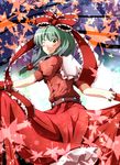  blush bow front_ponytail green_eyes green_hair hair_bow hair_ornament hair_ribbon heart heart-shaped_pupils highres kagiyama_hina leaf long_hair maple_leaf one_eye_closed puffy_sleeves ribbon shino_(moment) short_sleeves skirt_hold smile solo symbol-shaped_pupils touhou 