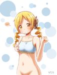  blonde_hair blush bottomless bra drill_hair hair_ornament kirigaya_yuuji mahou_shoujo_madoka_magica out-of-frame_censoring solo spoken_blush tomoe_mami twin_drills twintails underwear yellow_eyes younger 