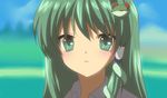  blush clannad frog_hair_ornament green_eyes green_hair hair_ornament hair_tubes kanasaki kochiya_sanae open_mouth parody solo style_parody touhou 