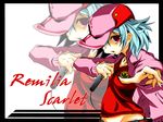  alternate_costume alternate_headwear aqua_hair blue_eyes blue_hair character_name collarbone groin hat jacket kururunpa long_sleeves microphone open_mouth red_eyes remilia_scarlet short_hair solo touhou 