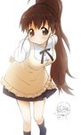  blush brown_eyes brown_hair chibi chibi_inset kirigaya_yuuji leaning_forward long_hair looking_at_viewer ponytail simple_background smile solo takanashi_souta taneshima_popura tareme waitress working!! 