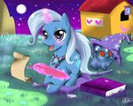  equine female feral friendship_is_magic grass hat hi_res horn horse levitation magic mammal moon mountain my_little_pony night pony quill scroll trixie_(mlp) trxie_(mlp) unicorn ursa_minor ursa_minor_(mlp) wizard_hat 