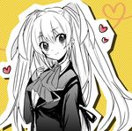  ashida_yuri heart little_busters! long_hair monochrome school_uniform solo spot_color tokido_saya twintails 