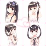  bare_shoulders black_eyes black_hair blush border bow bunching_hair collarbone dress hair_bow hair_tousle long_hair looking_at_viewer multiple_views original ponytail side_ponytail smile twintails xiangtu 