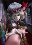  angry arm_grab black_eyes blonde_hair flandre_scarlet hat kubrick_stare pov short_hair solo touhou wings wrist_cuffs yana_(nekoarashi) 