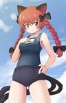  animal_ears bad_id bad_pixiv_id blush bow braid buruma cat_ears cat_tail hair_bow hair_ornament hand_on_hip kaenbyou_rin mesou-san multiple_tails one-piece_swimsuit red_eyes red_hair school_swimsuit smile solo swimsuit swimsuit_under_clothes tail touhou twin_braids twintails 