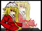  alternate_costume alternate_headwear blonde_hair character_name crystal flandre_scarlet grin jacket jewelry kururunpa long_hair red_eyes side_ponytail smile solo touhou 