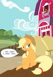  applejack_(mlp) barn bednarowski blonde_hair colored cowboy_hat cutie_mark dialog dialogue edit equine female feral freckles friendship_is_magic green_eyes hair hat hay hi_res horse joey-darkmeat mammal my_little_pony outside pony sitting solo text 