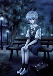  ayanami_rei bad_deviantart_id bad_id baileyley bench blue_hair briefcase expressionless highres lamppost neon_genesis_evangelion night park red_eyes school_uniform short_hair sitting solo tree 