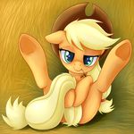  blonde_hair covering cowboy_hat equine female feral freckles friendship_is_magic fur green_eyes hair hat horn horse long_hair looking_at_viewer lying mammal my_little_pony on_back orange_fur pony rainbow_(artist) smile solo spreading tail_censorship 