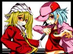  alternate_costume alternate_headwear aqua_hair blonde_hair blue_eyes blue_hair collarbone crystal flandre_scarlet grin groin hat jacket jewelry kururunpa long_hair long_sleeves microphone multiple_girls open_mouth red_eyes remilia_scarlet short_hair siblings side_ponytail sisters smile touhou white_background 