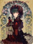  birdcage bonnet cage character_request copyright_request dress frills green_hair nishihara_isao red_eyes ribbon solo 
