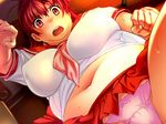  1girl belly blush breasts fat game_cg large_breasts new new_debu_plus open_mouth panties play!_play!_play! red_eyes red_hair school_uniform solo sweat underwear valkyria wazakita yamamoto_sachie 