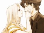  1girl bad_id bad_pixiv_id brown_eyes brown_hair coco87s couple dress emiya_kiritsugu fate/zero fate_(series) hetero husband_and_wife irisviel_von_einzbern long_hair lowres red_eyes white_hair 