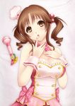  :o bare_shoulders bow breasts brown_eyes brown_hair chef_hat hand_on_own_chest hat idolmaster idolmaster_cinderella_girls large_breasts lintanghaseo long_hair microphone solo totoki_airi twintails upper_body white_background wrist_cuffs 
