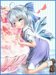  ahoge blue_eyes blue_hair bow cirno food hair_bow heart ice ice_wings in_food kneeling oversized_object puffy_sleeves shaved_ice short_hair short_sleeves solo tongue touhou toumin wings 