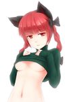  animal_ears bow braid breasts cat_ears green_shirt hair_bow kaenbyou_rin long_hair long_sleeves looking_at_viewer medium_breasts midriff navel no_bra open_mouth out-of-frame_censoring parted_lips red_eyes red_hair ricegnat shirt shirt_lift short_hair solo sweater touhou turtleneck twin_braids twintails underboob upper_body white_background 