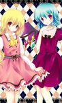  alternate_costume ascot bad_id bad_pixiv_id bat_wings blonde_hair blue_hair blush bow crystal flandre_scarlet highres long_sleeves multicolored multicolored_eyes multiple_girls open_mouth puffy_sleeves purple_eyes remilia_scarlet short_hair short_sleeves smile touhou wings yamio yellow_eyes 
