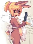  apron blonde_hair breasts brown_eyes brown_fur butt cleaver cooking cum cum_drip dripping female fur hair kemono kikurage knife lagomorph looking_at_viewer mammal naked_apron plain_background pregnant rabbit smile sweat tan_fur white_background 