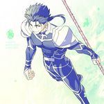  blue_hair earrings fate/stay_night fate_(series) gae_bolg jewelry kon_manatsu lancer long_hair male_focus perspective polearm ponytail red_eyes solo spear weapon 