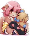  2017 :3 anthro bed big_head blush bow_tie canid canine clothed clothing cub cute_fangs dagasi female footprint fully_clothed hair inner_ear_fluff legwear lexi_(dagasi) looking_at_viewer mammal open_mouth pawprint pink_hair plushie portrait shirt shorts sitting solo tank_top thigh_highs underwear young 