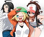  agemono bare_shoulders baseball_cap bel_(pokemon) black_hair blonde_hair blue_eyes brown_hair cheren_(pokemon) collarbone denim denim_shorts glasses green_eyes hat jacket legs multiple_girls one_eye_closed pokemon pokemon_(game) pokemon_bw pokemon_bw2 ponytail semi-rimless_eyewear shorts touko_(pokemon) under-rim_eyewear vest 