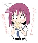  :&gt; blush_stickers chibi eating food food_on_face itamochi miyanaga_teru o_o pink_hair saki shiraitodai_school_uniform short_hair solo translated 